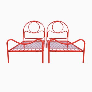 Single Beds in Red Enamel Iron, 1970s, Set of 2