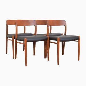 Mid-Century Danish Teak & Leather Dining Chairs Model 75 by N. O. Møller for J.L. Møller, 1960s, Set of 4