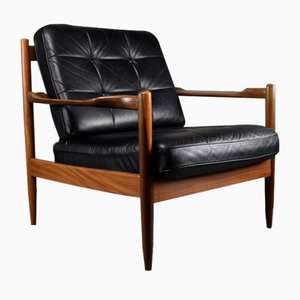 Mid-Century Danish Black Leather and Wood Lounge Chair by Grete Jalk, 1955