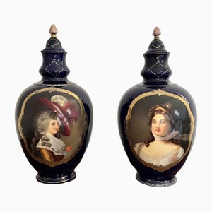 Victorian Porcelain Hand Painted Lidded Vases, 1860s, Set of 2