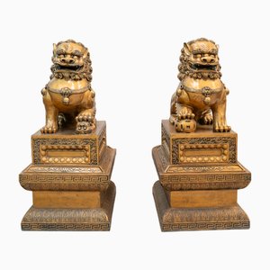 Chinese Lions in Gilt Polychrome Fiber, 1970s, Set of 2