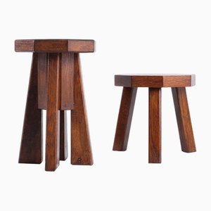 Brutalist Oak Hexagonic Side Tables in the style of Charlotte Perriand, 1950s, Set of 2