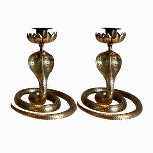 Cobras Candleholders in Chiseled Bronze, 1940s, Set of 2