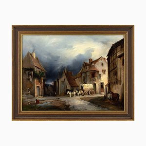 Henri-Jean Chasselat, Town Scene with Buildings, Horse, Wagon & Figures, 1800s, Oil Painting