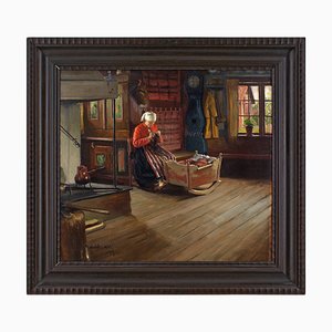 Sam Uhrdin, Interior Scene with Woman Knitting, 1920s, Oil Painting