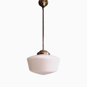 Large Art Deco Suspension in Conical White Opaline Glass, 1930s