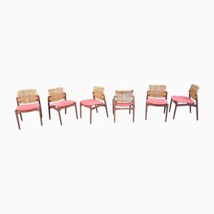 Captain Chairs in Teak with Fabric Seat and Straw by Erik Buch, 1960s, Set of 6