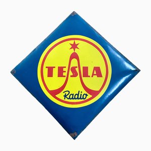 Enseigne Publicitaire Radio Tesla Art Déco en Émail, 1940s