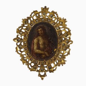 Small Medallion Painting of Christ aux Liens, 1700s, Painting on Bronze, Framed