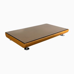 Large Cognac-Colored Leather Coffee Table with Heavy Glass Plate, 1970s