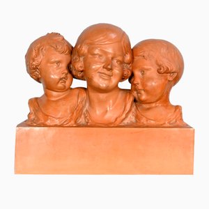 P. Dumont, Art Deco Mutter und ihre Kinder, 1920er, Patinierte Terrakotta-Gruppe