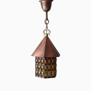 German Ritterburg Lamp Lantern with Grille Glass & Copper, 1950s