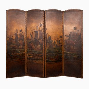 20th Century Oil Painted on Leather Room Screen, 1920s