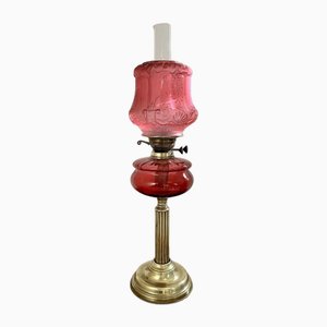 Large Antique Victorian Cranberry Glass and Brass Oil Lamp, 1880