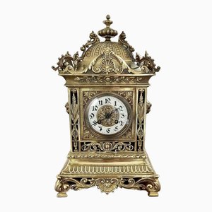 Grande Horloge de Cheminée Victorienne Antique en Laiton, 1860