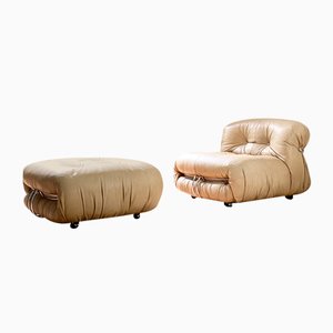 Soriana Armchair and Pouf in Cognac Leather by Afra & Tobia Scarpa for Cassina, 1972, Set of 2