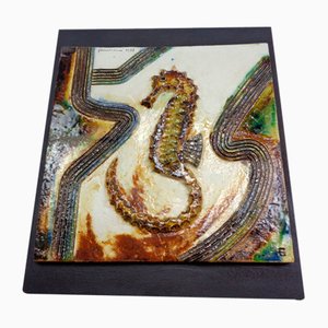 Large German Studio Ceramic Sea Horse Wall Plaque by Hausmann, 1978