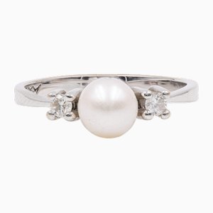 14 Karat White Gold Ring with Pearl and Diamonds, 1960s