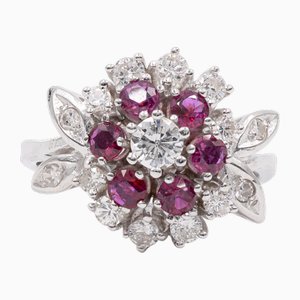 14 Karat White Gold Ring with Diamonds and Rubies, 1960s