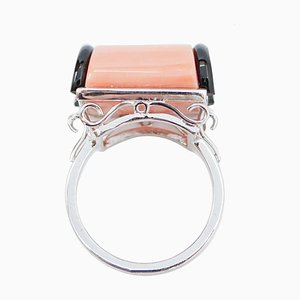 Platinum Ring with Coral, Onyx, Tsavorite and Diamonds, 1960s