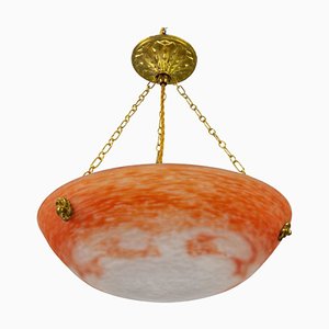 French Art Nouveau Orange and White Glass Pendant Light by Noverdy, 1920s