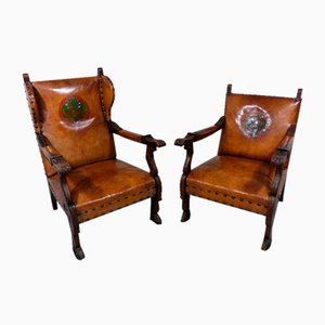 Set of Antique Leather Armchairs with Carps Print, 1890s