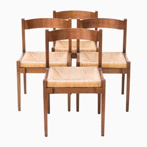 Chaises de Salle à Manger en Paille et Bois, 1960s, Set de 4