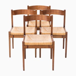 Dining Chairs in Straw and Wood, 1960s, Set of 4