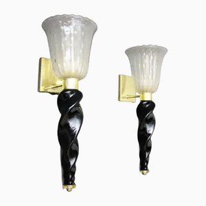 Gold and Black Murano Glass Sconces in the style of Barovier, 1990, Set of 2