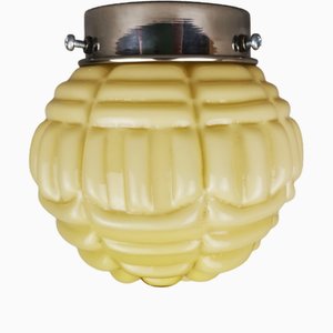 Small Art Deco Style Custard Opaline Ribbed Glass Flush Mount or Wall Lamp, 1940s