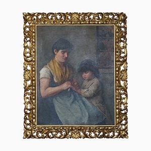 Artiste de l'École Continentale, Portrait de Mère et Enfant, Peinture à l'Huile, Encadrée