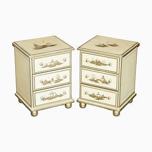 Vintage Chinese Cream & Gold Leaf Painted Bedside Table, Set of 2