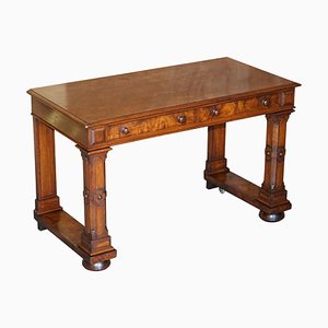 Antique Renaissance Revival Burr Walnut Pugin Gothic Writing Table, 1850s