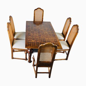 Walnut Parquetry Inlaid Dining Table and Chairs, Set of 7
