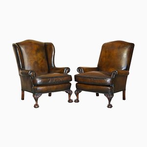 Antique Claw & Ball Hand Dyed Brown Leather Wingback Armchairs, 1880, Set of 2