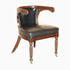 Antique Regency Black Leather Hardwood Horseshoe Office Desk Chair, 1815