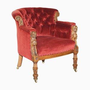Regency Lions Head Carved Oak Armchair with Oxblood Velour Upholstery, 1810s
