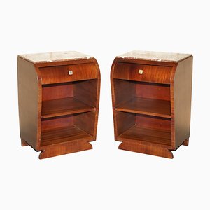 French Art Deco Hardwood Bedside Tables with Marble Tops, 1920s, Set of 2