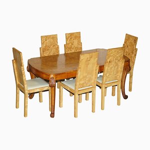 Vintage Art Deco Burr Walnut Ornately Carved Dining Table and Chairs, Set of 7