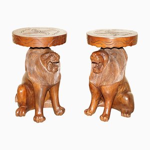 Vintage Hand Carved Male Lion Stools with Ornate Decoration, Set of 2