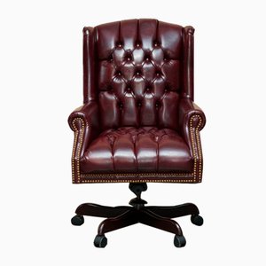 Vintage Oxblood Leather Chesterfield Wingback Swivel Office Chair