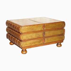 Large Six Drawer Stack of Scholars Library Books Coffee Table with Brown Leather Top