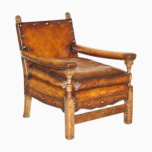 Edwardian Carved Armchair with Hand Dyed Brown Leather Seat, 1910s