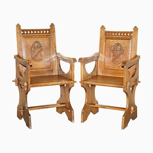 Antique English Carved Oak Armchairs with Armorial Crest Coat of Arms, 1860, Set of 2