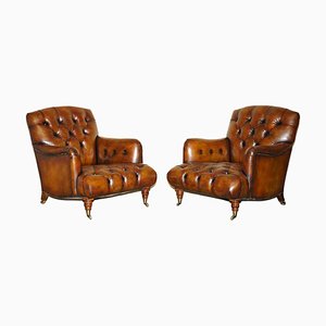 Bridgewater Brown Leather Chesterfield Armchairs from Howard & Sons, 1880, Set of 2