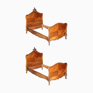 French Louis XV Napoleon III Ornately Carved Bed Frames in Walnut, 1880, Set of 2
