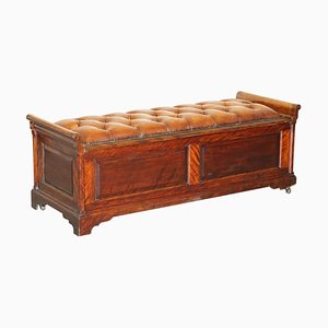 Brown Leather Chesterfield Flamed Hardwood Hall Bench Ottoman, 1860s
