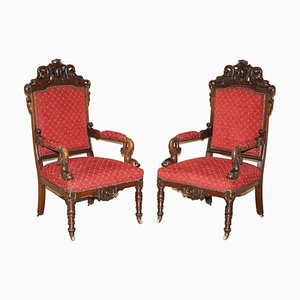 Tall Hand Carved Dolphin Armchairs, 1860s, Set of 2