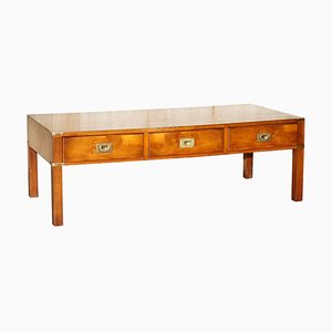 Military Campaign Burr & Burl Yew Brass 3 Drawer Coffee Table