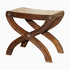 Vintage English Jacobean Hand Carved Stool in Oak